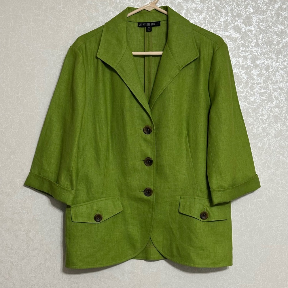 Lafayette 148 New York 3-Button Blazer 100% Linen Professional Green Size 14